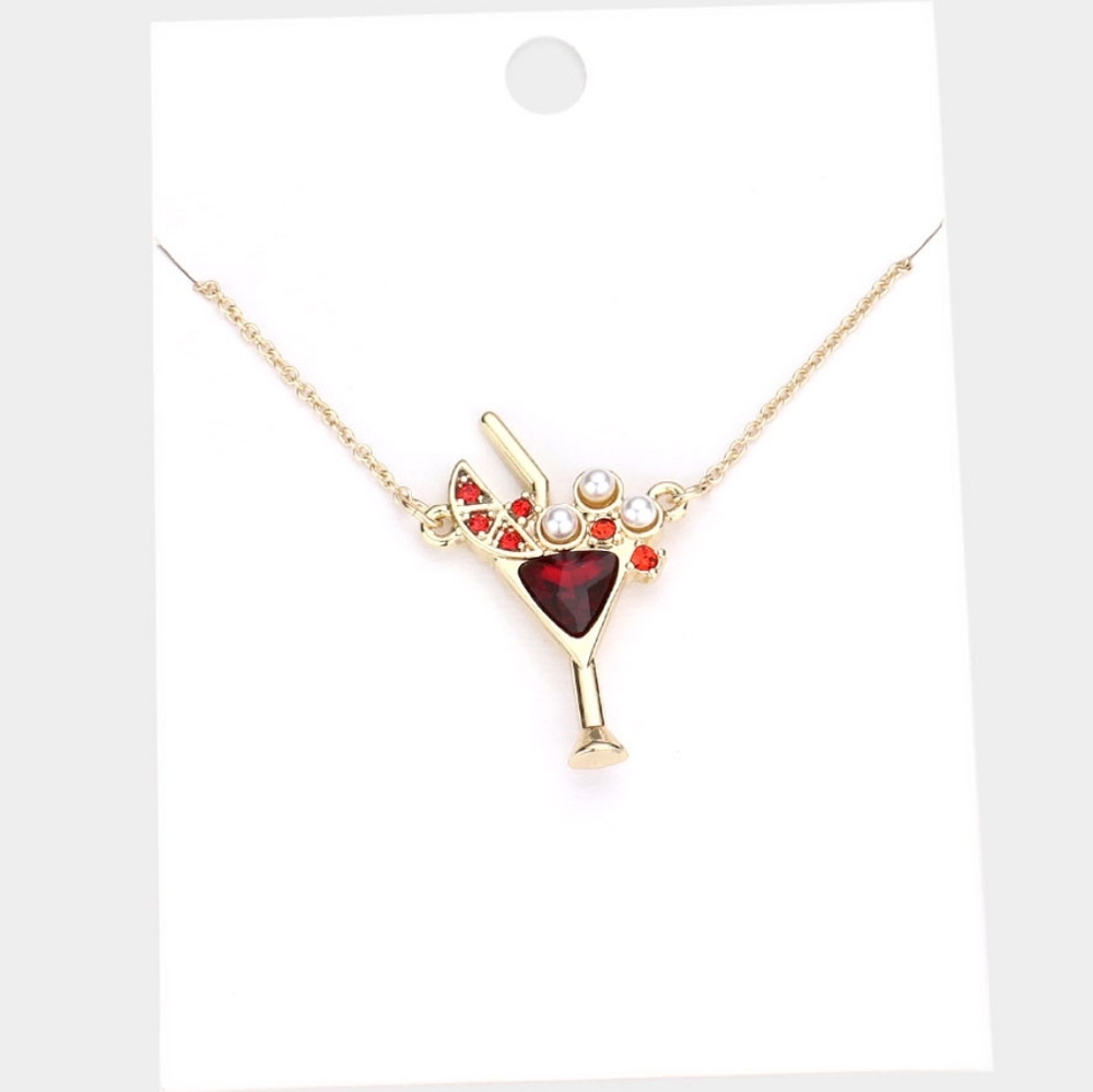 Gold and Red Cocktail Pendant Necklace Rhinestone Pearls Statement Chain Jewelry